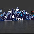 Gorgeous Cloud Fashion Stage With Mountain Shapes Skier Silhouettes Blue Lighting And Screens