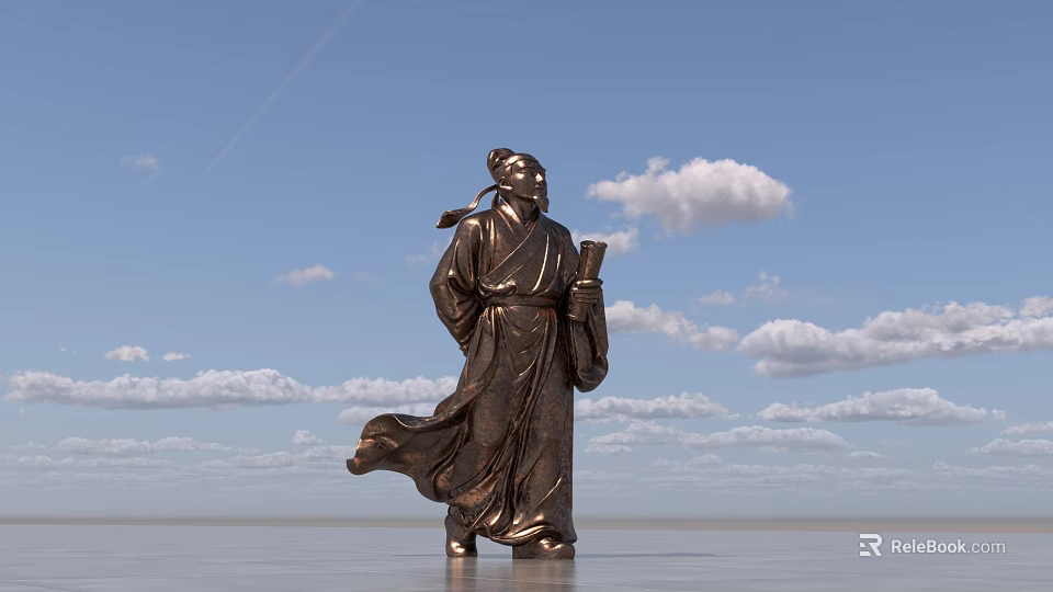 Ancient Figure Landscape Sculpture in Traditional Robe Holding Scroll Under Blue Sky with White Clouds 3d model 