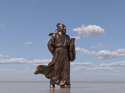Ancient Figure Landscape Sculpture in Traditional Robe Holding Scroll Under Blue Sky with White Clouds 3d model