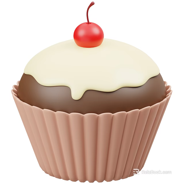 Delicious Chocolate Cupcake With White Frosting Red Cherry And Pink Paper Liner 3d model 