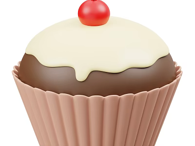 Delicious Chocolate Cupcake With White Frosting Red Cherry And Pink Paper Liner 3d model