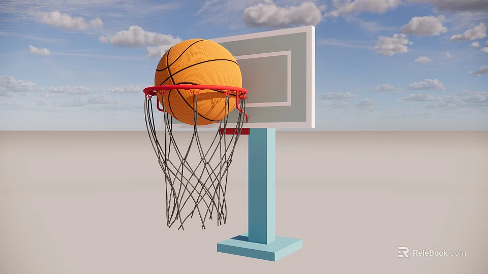 Interactive Zone Basketball Hoop With Ball In Net Against Blue Sky And Clouds 3d model 