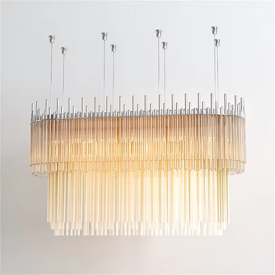 Elegant Modern Chandelier With Metal Frame And Thin Hanging Glass Strips Creating Warm Glow 3d model