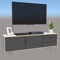 Modern TV Stand With Drawer Cabinet Holding Electronic Devices Photo Frame And Potted Plant