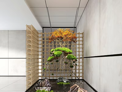 Bamboo Lattice Garden Ornament With Orange Yellow Leaf Tree Green Bonsai Water Basin And Stones 3d model