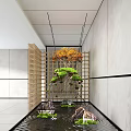 Bamboo Lattice Garden Ornament With Orange Yellow Leaf Tree Green Bonsai Water Basin And Stones