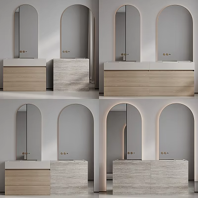 Modern Minimalist Bathroom Washbasin With Wooden Cabinet And Arch Mirror Design 3d model