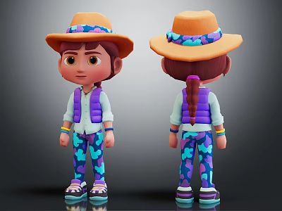 Cartoon Character Front Back Views Brown Hat Colorful Band Purple Vest Blue Pants Patterns 3d model