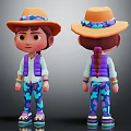 Cartoon Character Front Back Views Brown Hat Colorful Band Purple Vest Blue Pants Patterns