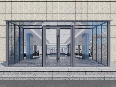 Modern Glass Entrance Door Design With Metal Frame And Stone Wall Exterior Interior Hall View 3d model