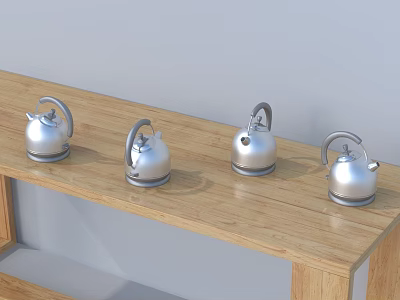 Silver Teapots As Elegant Tea Set Displayed On Wooden Shelf 3d model