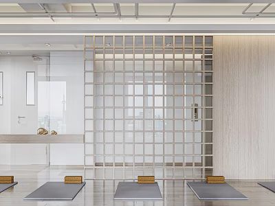Spacious Yoga Fitness Studio With Wooden Lattice Partition And Yoga Mats 3d model