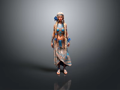 Game Movie Character With Braided Hair Blue Brown Outfit And Decorative Sandal Details 3d model