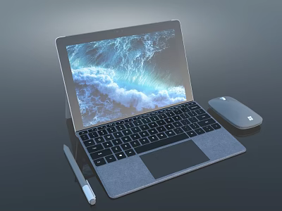 Modern 2 in 1 Tablet Laptop with Keyboard Touchpad Mouse Stylus Pen and Ocean Wallpaper 3d model