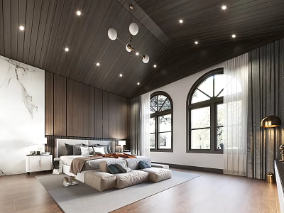 Modern Bedroom Interior Design With Dark Wooden Ceiling Arched Windows And Marble Decor 3d model