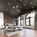 Modern Bedroom Interior Design With Dark Wooden Ceiling Arched Windows And Marble Decor