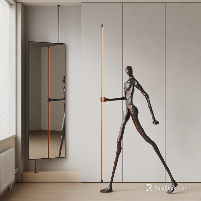 Abstract Human Sculpture In Modern Interior With Metal Finish Mirror Reflection And Floor Lamp 3d model 