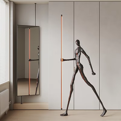 Abstract Human Sculpture In Modern Interior With Metal Finish Mirror Reflection And Floor Lamp 3d model