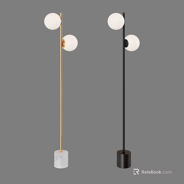 Modern Gold and Black Floor Lamps with Spherical Shades and Marble Bases 3d model 