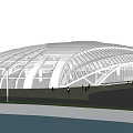 Modern Large White Arched Building With Glass Curtain Walls And Water Reflection Under Blue Sky