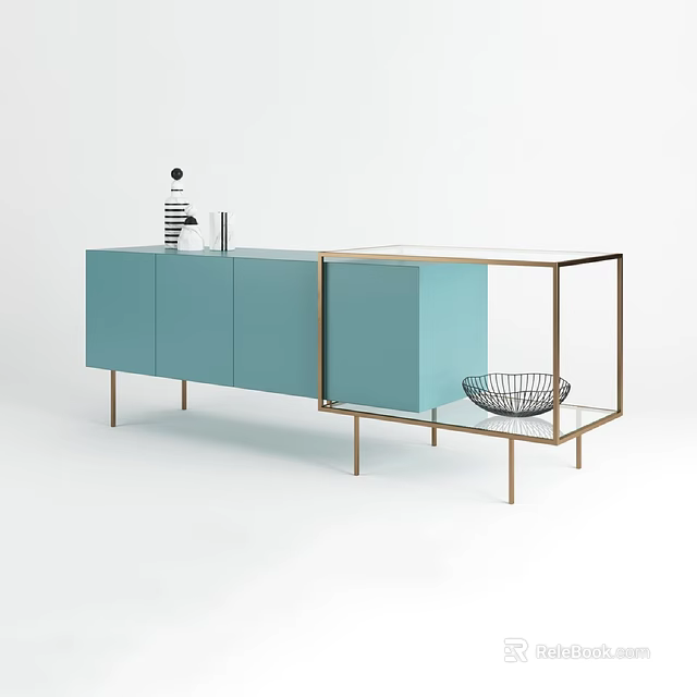 Modern Light Blue Entryway Console Sidetable Cabinet With Metal Frame Glass Top And Wire Basket 3d model 