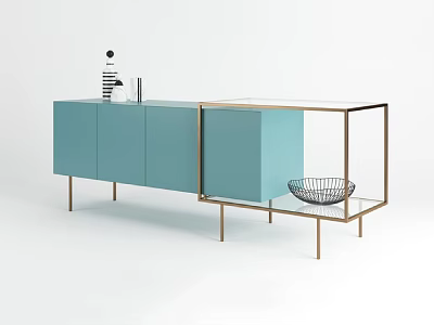 Modern Light Blue Entryway Console Sidetable Cabinet With Metal Frame Glass Top And Wire Basket 3d model