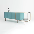 Modern Light Blue Entryway Console Sidetable Cabinet With Metal Frame Glass Top And Wire Basket