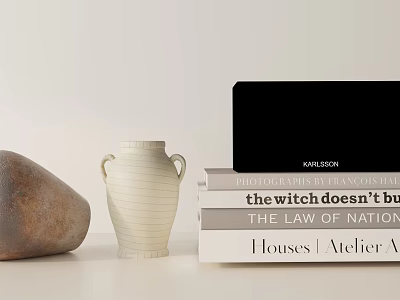 Decorative Ornament Set With Stone Ceramic Vase Stacked Books And Tablet On Tabletop 3d model