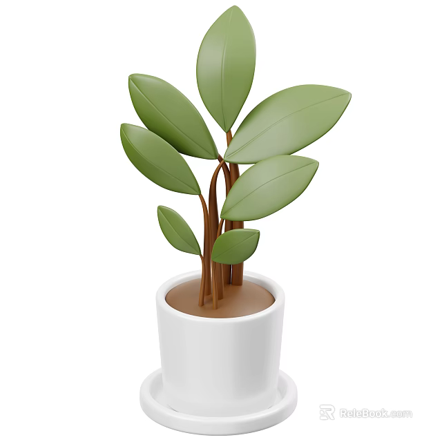 Indoor Green Leafy Plant with Brown Stems in White Ceramic Pot 3d model 