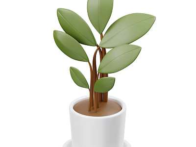 Indoor Green Leafy Plant with Brown Stems in White Ceramic Pot 3d model