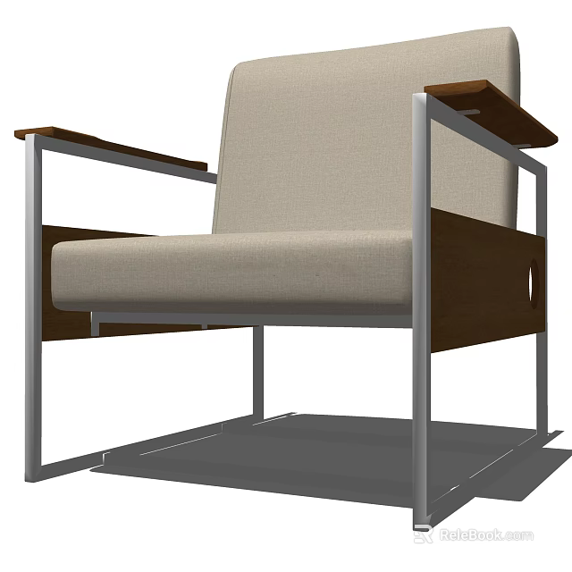 Modern Armchair With Linen Fabric Seat And Wooden Armrests Metal Frame 3d model 