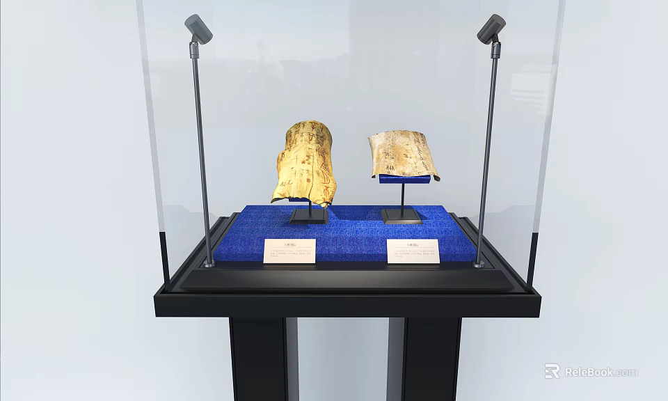 Glass Display Cabinet with Black Frame Blue Fabric Base Showcasing Two Exhibits Under Spotlights 3d model 