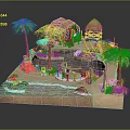 Miniature Tropical Scene Model With Thatched Huts Palm Trees And Off Road Vehicle