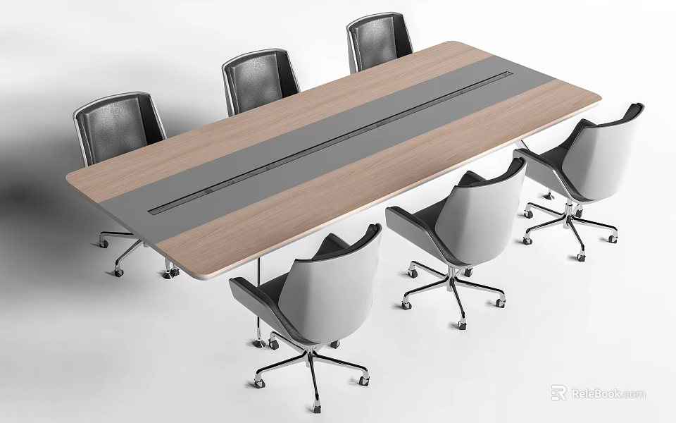 Modern Office Desk With Wooden Top Gray Center Strip And Surrounding Black White Wheeled Chairs 3d model 