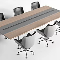 Modern Office Desk With Wooden Top Gray Center Strip And Surrounding Black White Wheeled Chairs