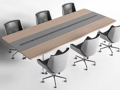 Modern Office Desk With Wooden Top Gray Center Strip And Surrounding Black White Wheeled Chairs 3d model