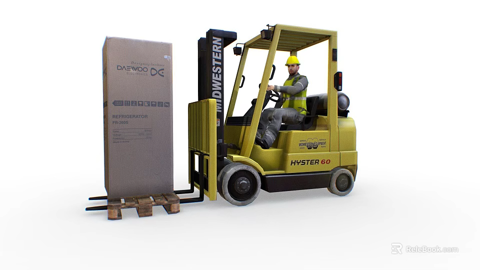 Yellow Hyster E60 Forklift Transporting Large Daewoo Cargo Box With Driver In Safety Vest 3d model 