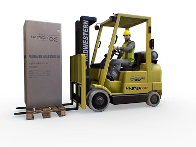 Yellow Hyster E60 Forklift Transporting Large Daewoo Cargo Box With Driver In Safety Vest 3d model