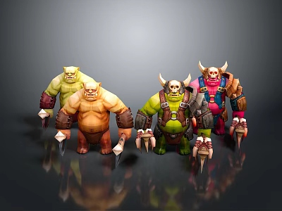 Four Different Colored Orc Characters With Horns And Weapons On Black Background With Reflections 3d model
