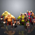 Four Different Colored Orc Characters With Horns And Weapons On Black Background With Reflections