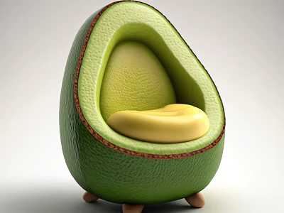 Avocado Shaped Single Chair With Green Exterior Yellow Cushion And Wooden Legs 3d model