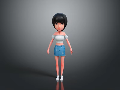 Stylish Woman With Black Short Hair Off Shoulder White Top And Blue Denim Skirt 3d model