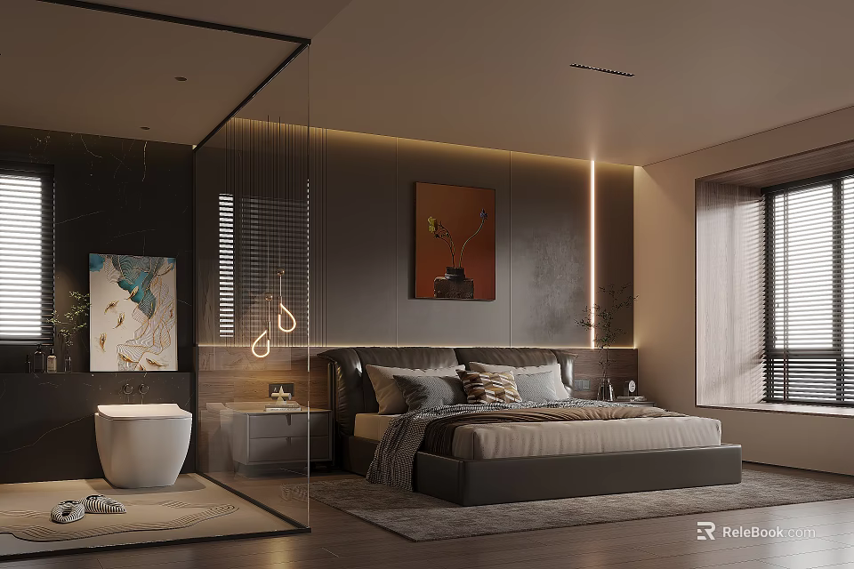 Modern Luxury Bedroom Bathroom Interior With Bed Toilet Glass Partition And Artwork 3d model 