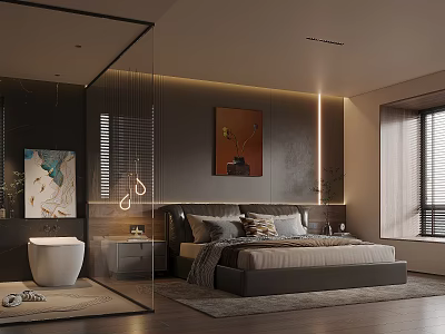 Modern Luxury Bedroom Bathroom Interior With Bed Toilet Glass Partition And Artwork 3d model
