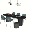 Modern Dining Table Set Black Oval With Four Light Blue Chairs Woven Stool Hanging Lights 3d model