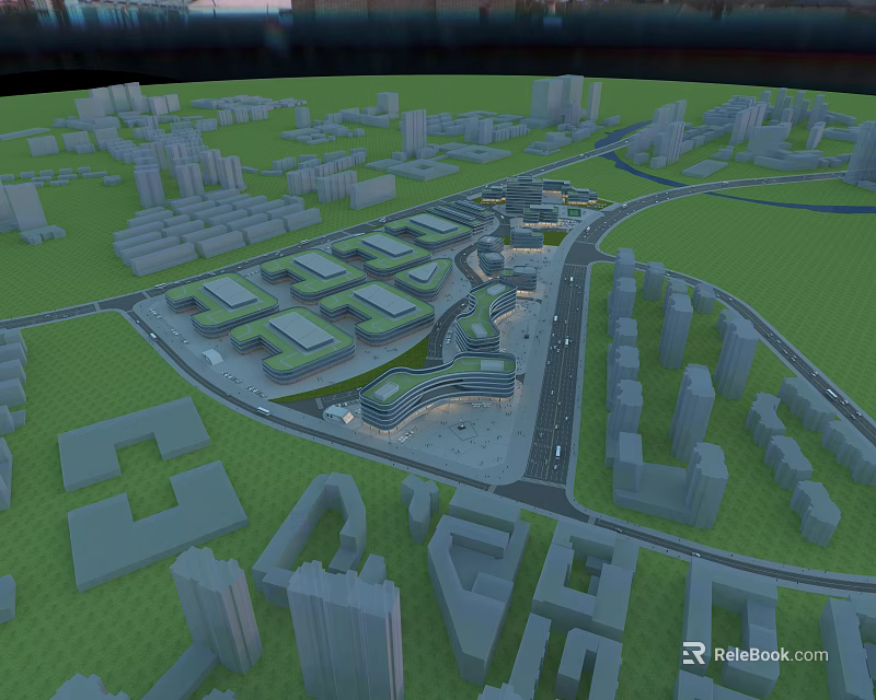 Industrial Factory Complex Layout With Multiple Buildings Road Networks And Green Areas 3d model 