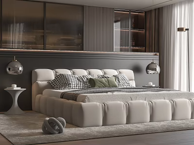 Modern Bedroom Double Bed With White Headboard Gray Bedding Side Nightstands And Floor Lamp 3d model