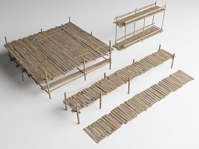 Natural Wooden Railings With Various Structural Designs And Outdoor Decorative Elements 3d model