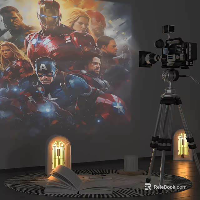 Projection Monitoring System With Tripod Mounted Projector Showing Superhero Images On Indoor Wall 3d model 