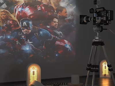 Projection Monitoring System With Tripod Mounted Projector Showing Superhero Images On Indoor Wall 3d model